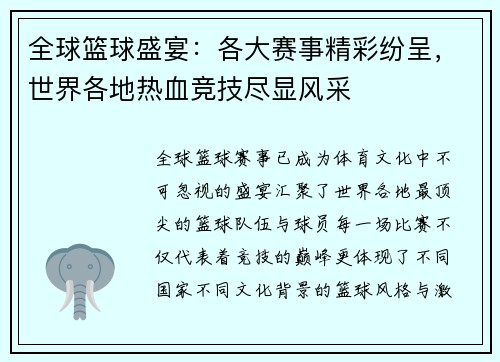 全球篮球盛宴：各大赛事精彩纷呈，世界各地热血竞技尽显风采