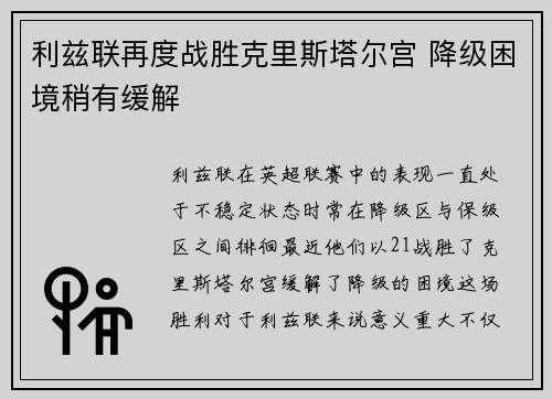 利兹联再度战胜克里斯塔尔宫 降级困境稍有缓解