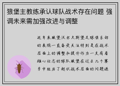 狼堡主教练承认球队战术存在问题 强调未来需加强改进与调整