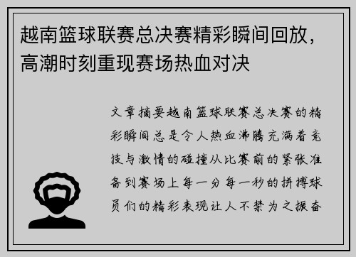 越南篮球联赛总决赛精彩瞬间回放，高潮时刻重现赛场热血对决